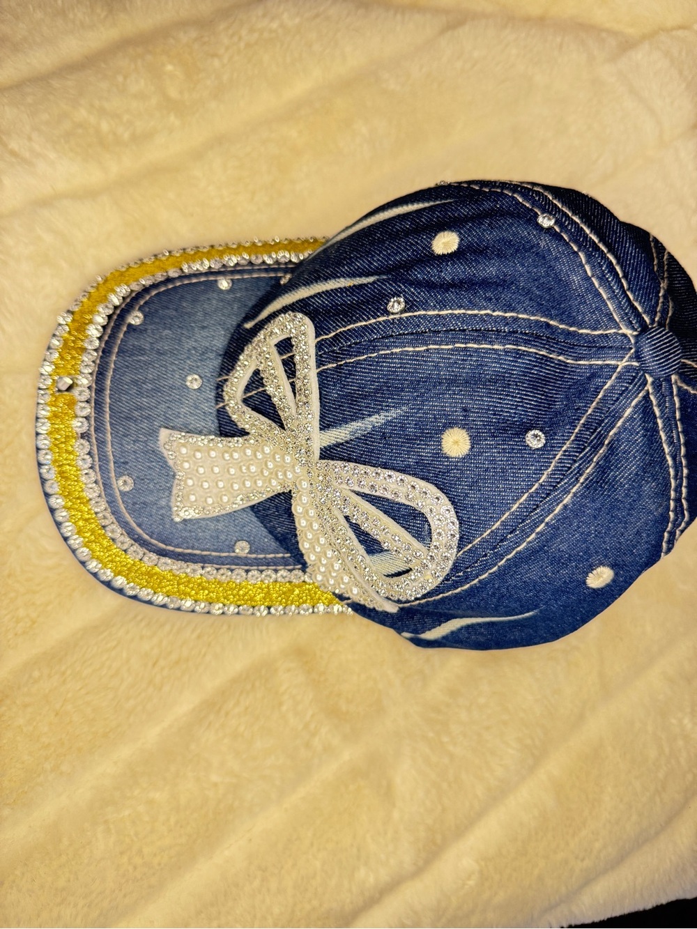 Denim Cap with Crystal Bow - Blue and Yellow - Picture 3 of 6